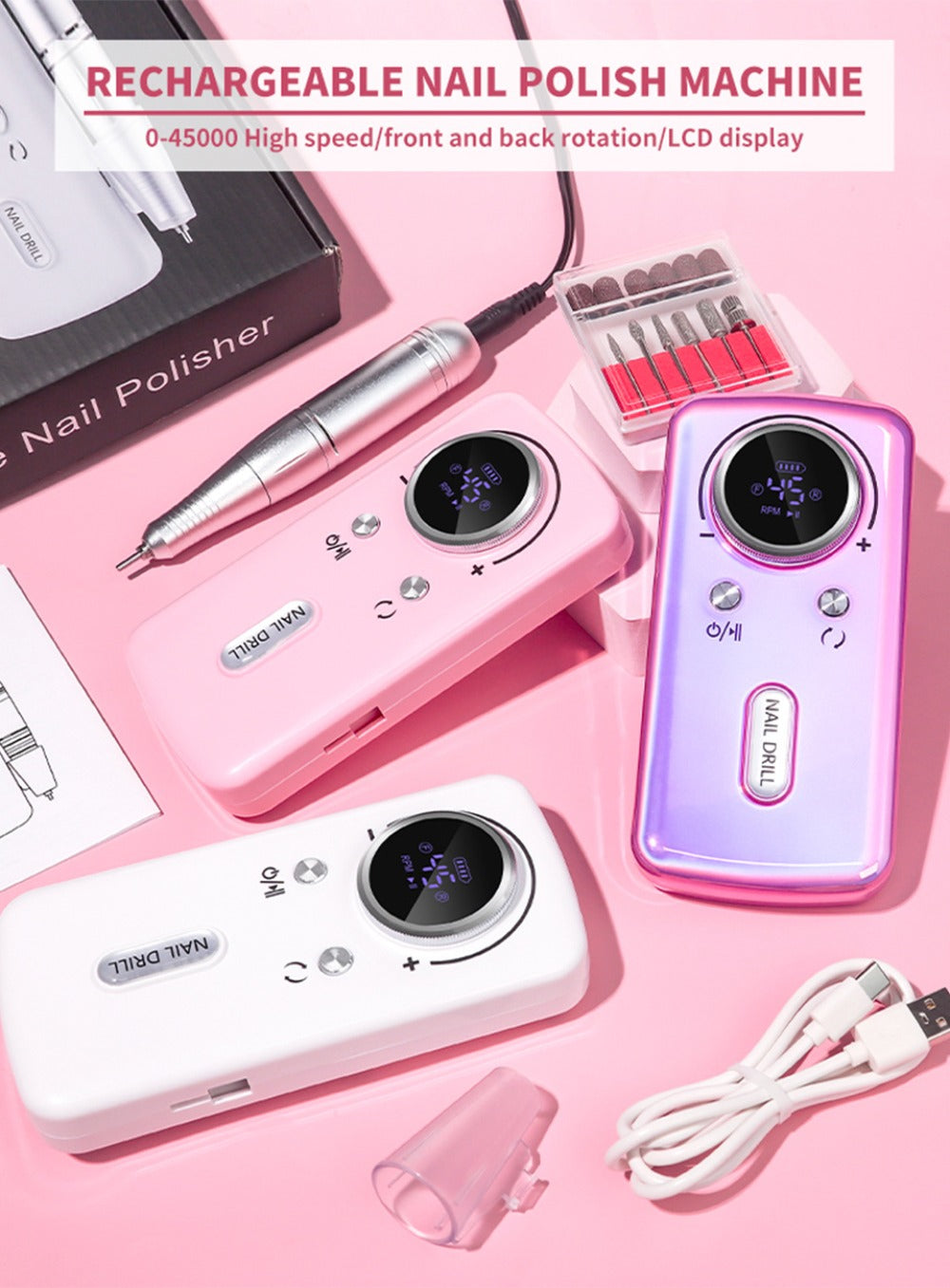 Limegirl Cordless Nail Drill Professional: 45000 RPM Rechargeable Electric Nail File Kit, Portable And Low Noise for Acrylic, Gel Nails, Manicure And Pedicure - Salon And Home Use