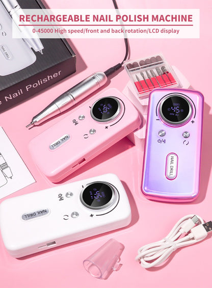 Cordless Nail Drill 45000 RPM Rechargeable Electric Nail File Kit Portable Low Noise for Acrylic Gel Nails Manicure Pedicure Salon Home Use White Pink Purple