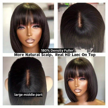 Bob Wig Human Hair Glueless 4x1 HD Lace Front — Short Bob with Bangs, 180% Density, Brazilian Remy, Straight Put & Go Wig for Women, Natural Black, 10–14 Inch