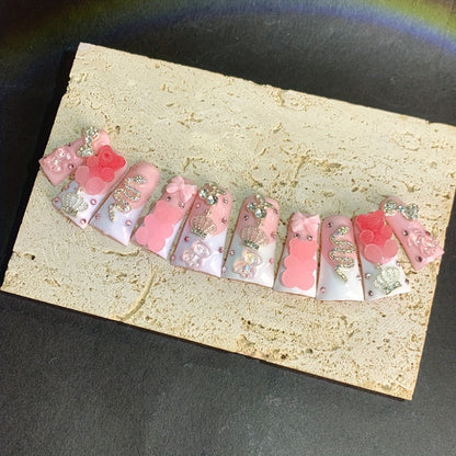 French Tip Press On Nails Long Duckbill 10pcs Pink White Glitter AB Multi-Color Glass Rhinestone Sugar Bear Cute Cartoon Handmade Wearable False Nails for Wedding Party Back to School Gift S L
