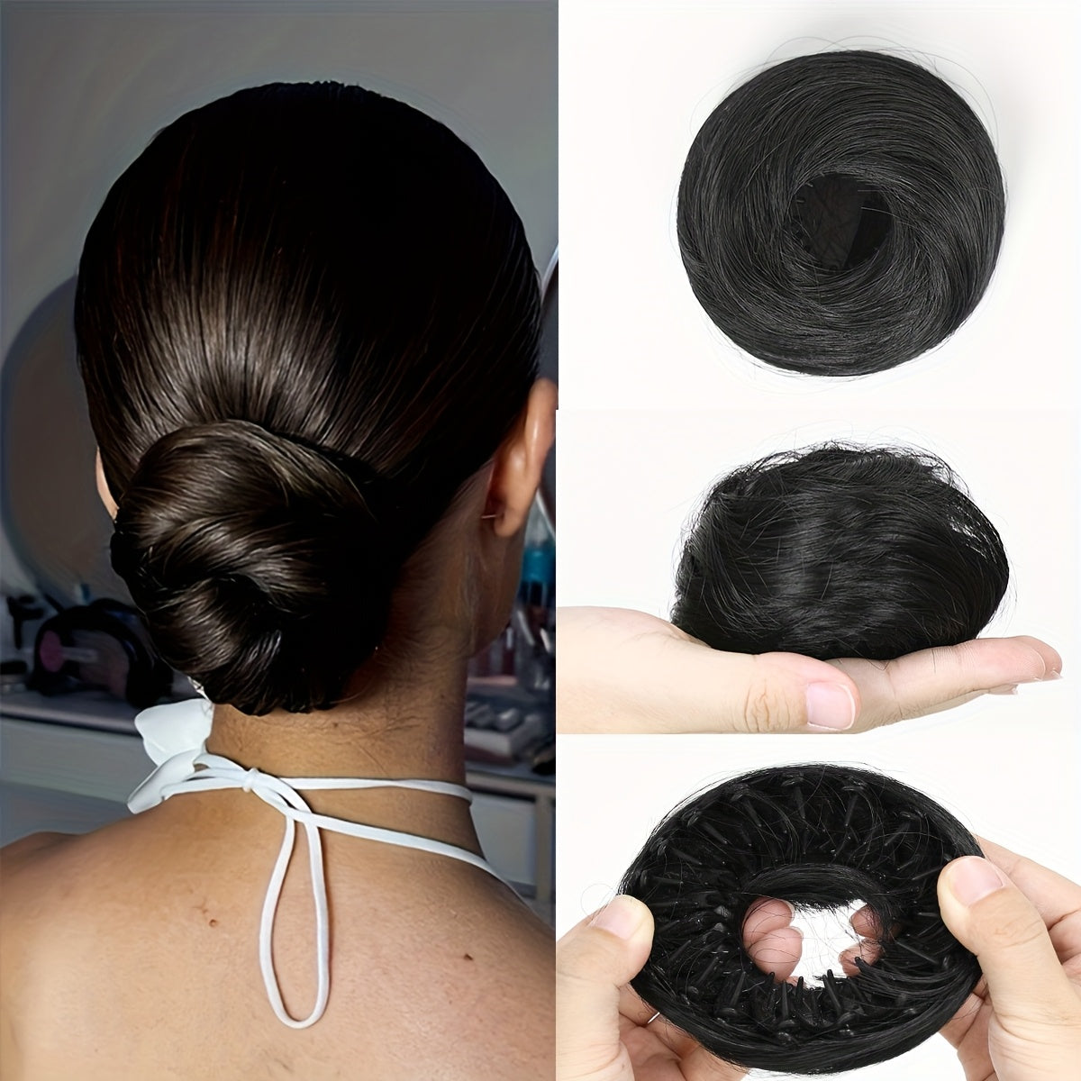 Magic Bun Hair Piece for Women Instant Updo High Ponytail Chignon Synthetic Fiber with Headband Hair Clips 4 Inch 6 Colors Wedding Party Formal Elegant Easy to Use