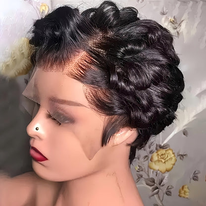 Pixie Cut Wig Human Hair 13x4 HD Lace Front Short Curly Wavy Wig Pre Plucked Natural Hairline Body Wave Loose Deep Wave Finger Wave Glueless Wig Natural Black Burgundy Chocolate Brown 6 Inch