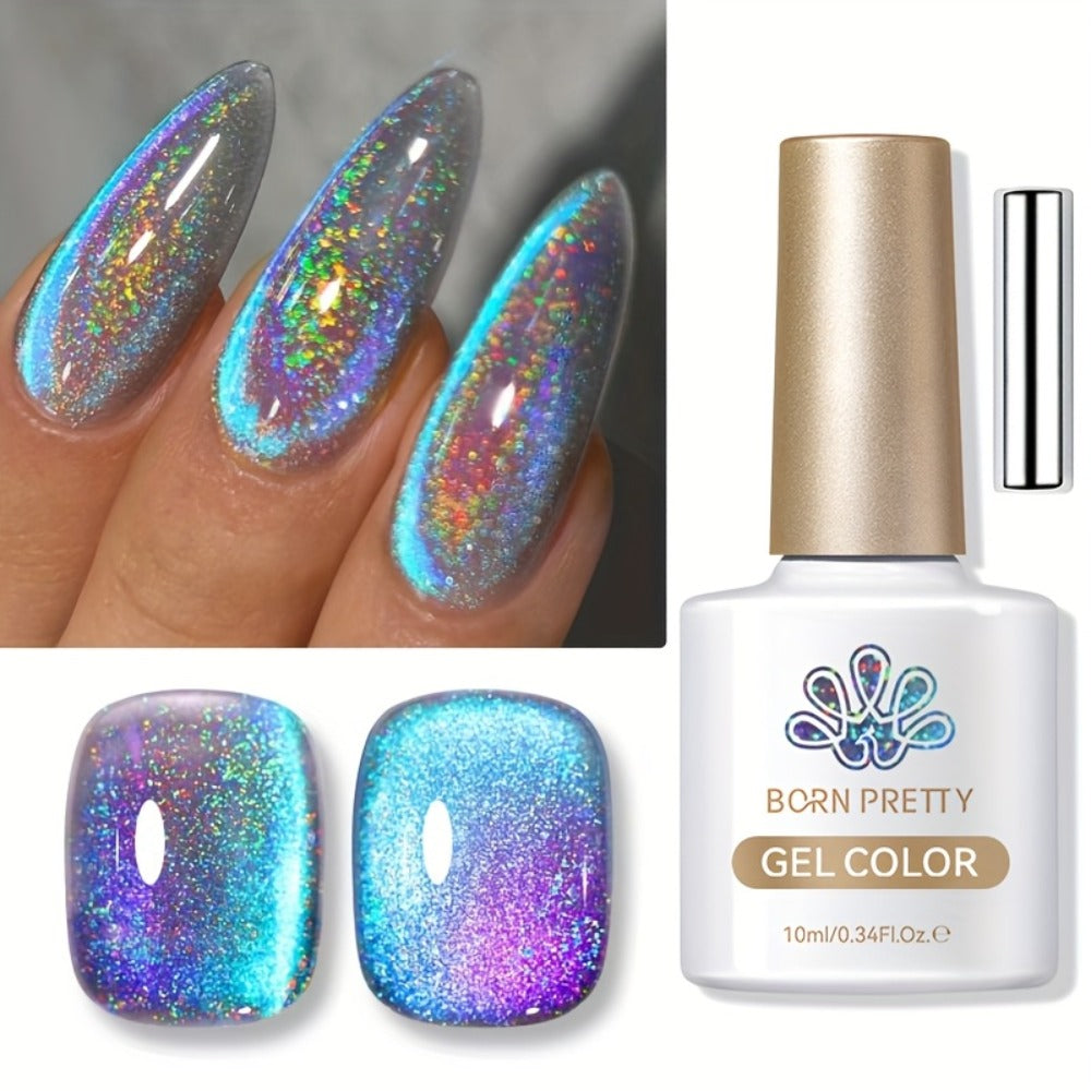1 Born Pretty 9D Magnetic Cat Eye Gel Polish - Holographic Rainbow with Magnetic Swirl Design, Soak-Off /LED Curable Nail Polish Suitable for DIY Magnetic Nail Art, -Lasting Gel for Salon & Home Use 0.34oz