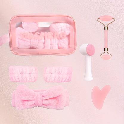 Facial Cleansing Massage Set 7Pcs Silicone Face Brush Double-Headed Roller Massager Heart Scraping Board Wristbands Hair Band Storage Bag Skincare Tool for Women