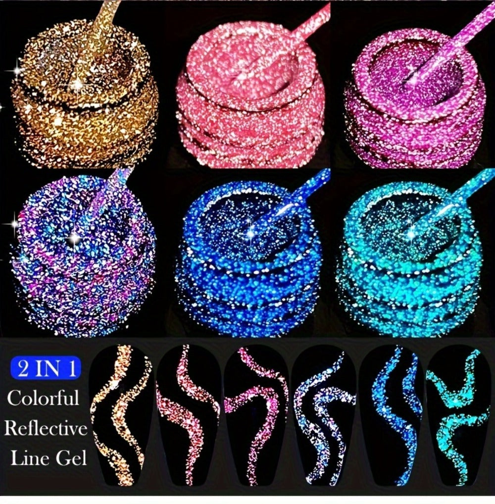 LYCUTE 0.17oz 6-Pack Super Glitter Reflective Color Eyeliner Gel Nail Polish Ultra Fine Brush Tip Stripe Drawing Gel