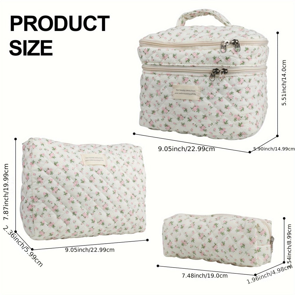 Large Capacity Dual Layer Cotton Makeup Cosmetic Bag (3PCS), Cute Quilted Travel Coquette Aesthetic Floral Make up Bag for Women Toiletry Bag