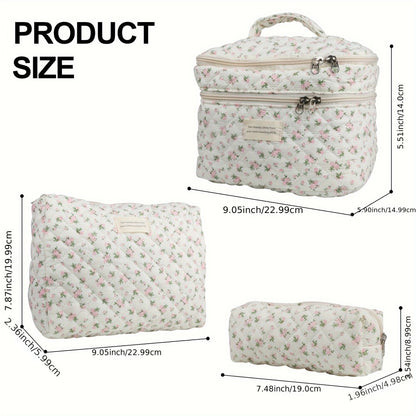 Makeup Bag Set 3PCS Quilted Cotton Dual Layer Large Capacity Floral Coquette Aesthetic Travel Cosmetic Bag Women Toiletry Organizer Cute Soft Fabric Pouch Blue Pink Purple 6 Styles