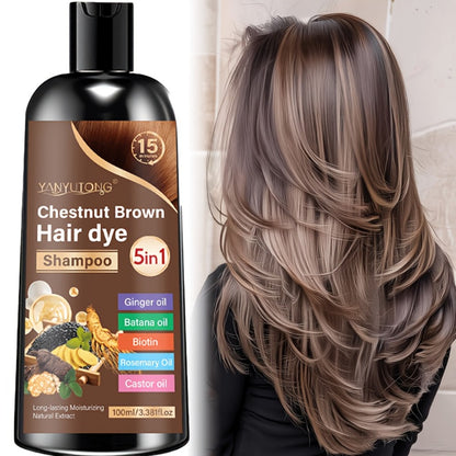 Hair Dye Shampoo 5-in-1 with Ginger Oil Biotin Rosemary Castor Oil | Gentle Gray Coverage Color Shampoo | Quick Coloring for Black Brown Chestnut Brown