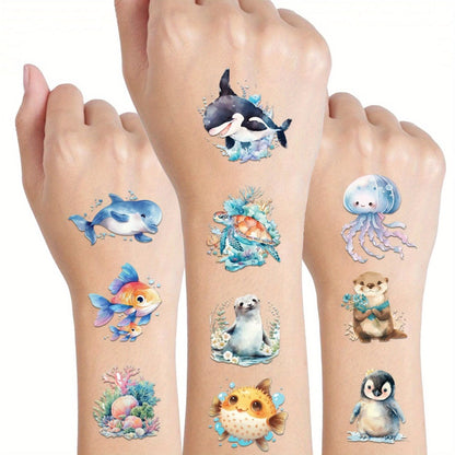 Temporary Tattoo Stickers Ocean Animals Underwater World Cartoon Cute Sea Creatures Vibrant Body Art for Kids Adults Birthday Party Summer Beach 12 Sheets 48 Designs
