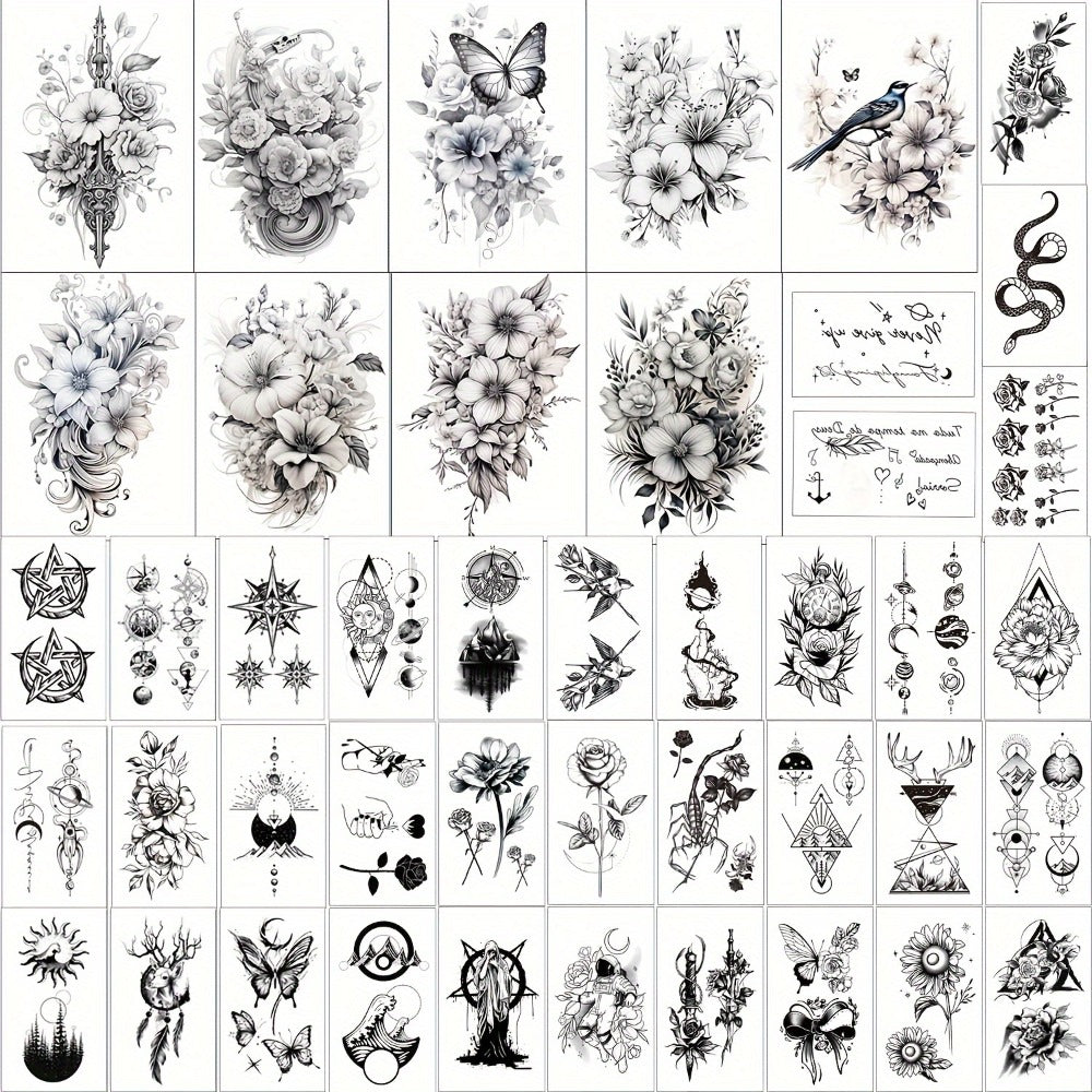 GLARYYEARS Temporary Tattoo for Women, 44-Pack Large+Small Size Realistic Flower Tattoos, Long-Lasting Fake Tattoo Stickers, Cool Black Body Half Arm Tattoos, Butterfly Snake Tattoo Design
