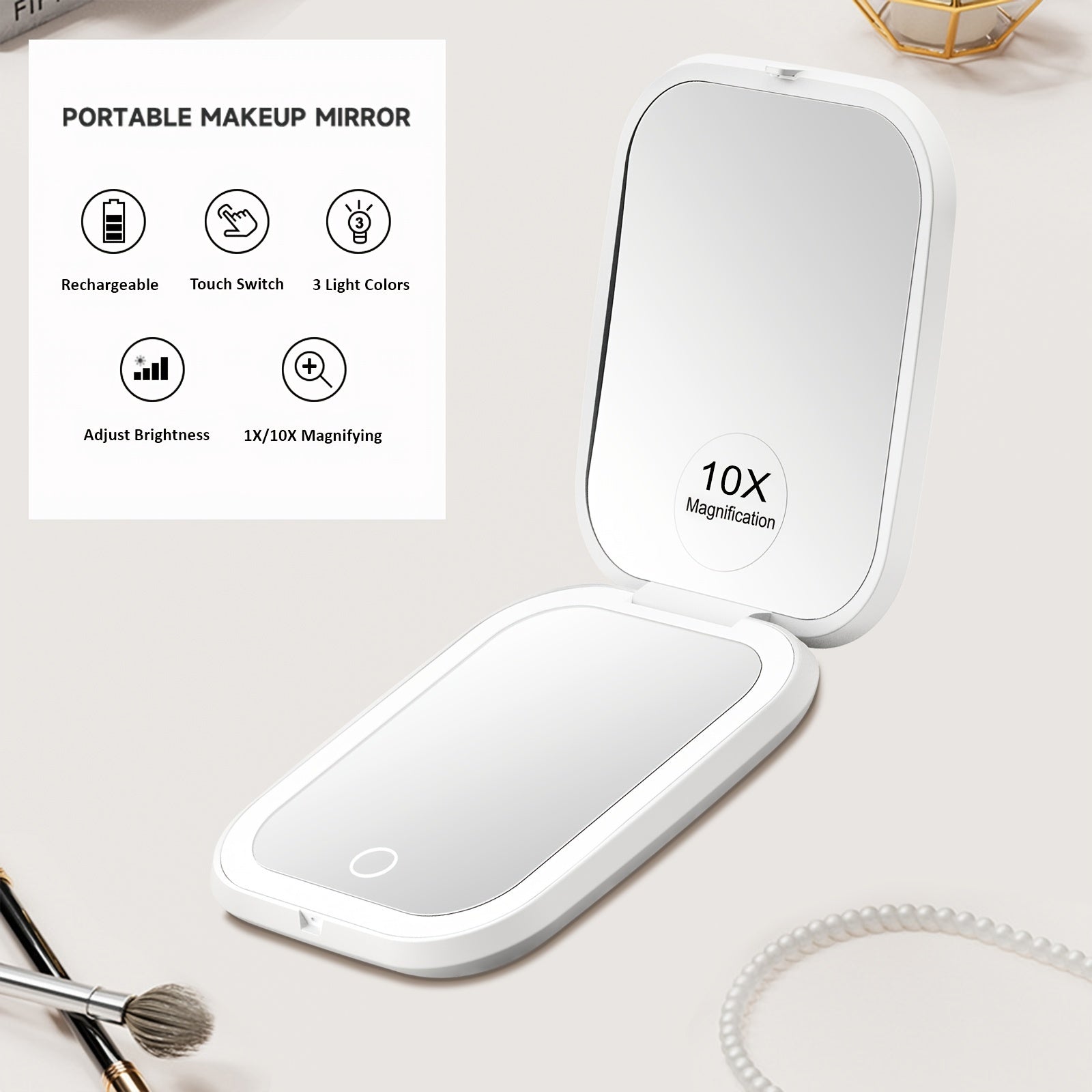 10X/1X Magnification LED Compact Travel Makeup Mirror With Light, Rechargeable Pocket Mirror In 3 Colors Mode, Adjustable Brightness, Purse Mirror, 2-Sided, Portable, Folding, Handheld, Small Mirror, Gifts For Women, Gifts For Mom