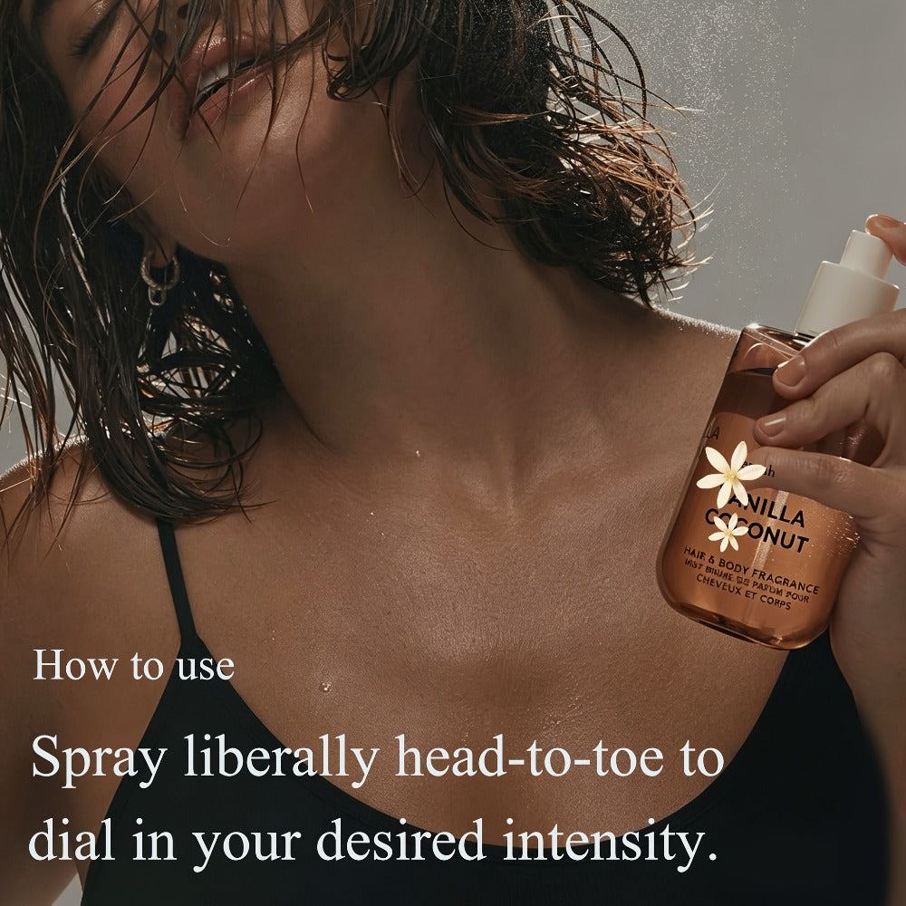 Vanilla Coconut Body Spray & Hair Mist — Long-Lasting Gourmand Floral Fragrance with Vitamin E & Moroccan Argan Oil, Skin-Safe for All Types