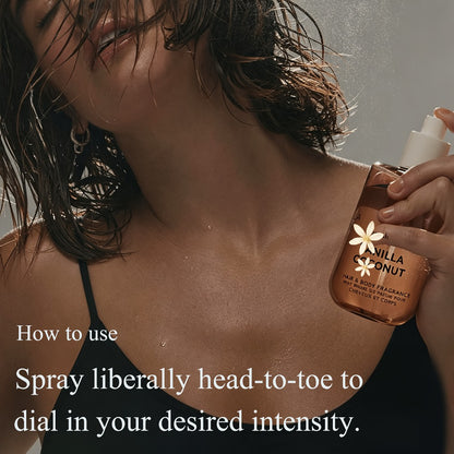 Vanilla Coconut Body Spray & Hair Mist — Long-Lasting Gourmand Floral Fragrance with Vitamin E & Moroccan Argan Oil, Skin-Safe for All Types
