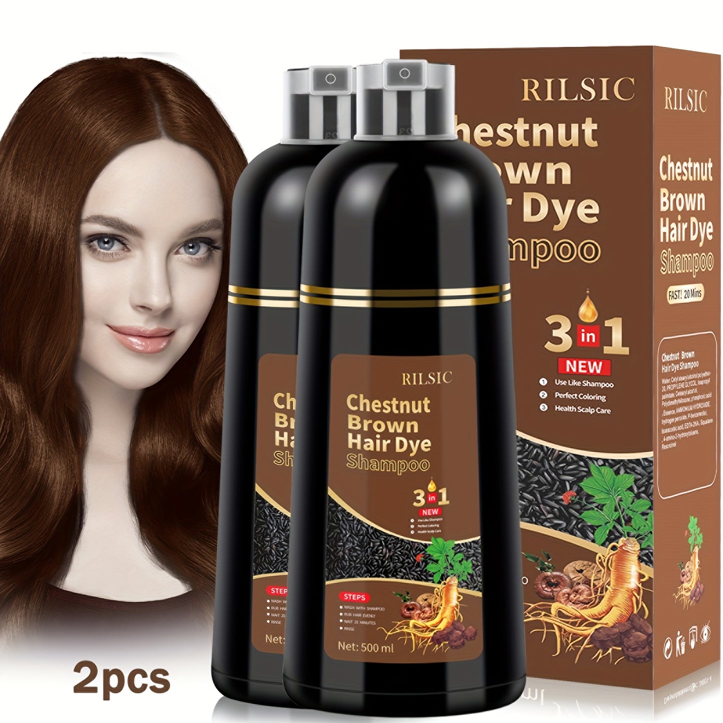 Hair Dye Shampoo 2 Pack Grey Hair 3-in-1 Herbal Plant-Based Squalane Colors in Minutes Kit with Gloves Earmuffs Headgear Shawl Black Brown 500ml Each