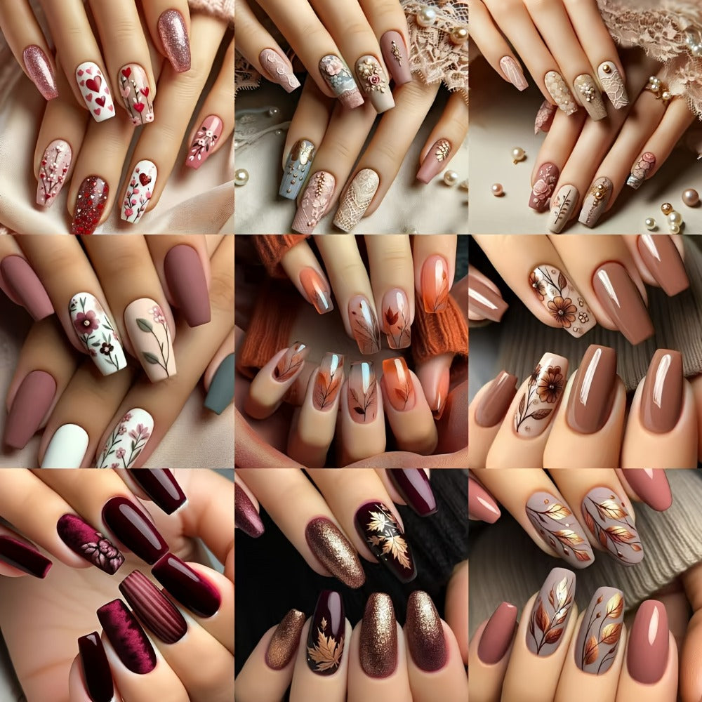 216pcs Ballet Nail Shape Press On Nails Set, Mixed Color System with Flower & Maple Patterns, Middle Length with Glossy Finish - Seasonal Fashion Kit Including Jelly Adhesive & Nail File