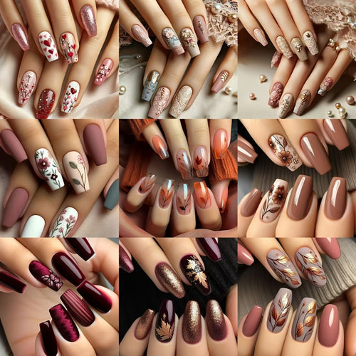 Ballet Press On Nails 216pcs Middle Length - Mixed Color Flower Maple Pattern Glossy Full Cover False Nails with Jelly Adhesive & Nail File Seasonal Fashion Kit for Women 9 Pack