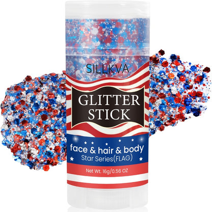 Glitter Makeup Stick Red & Blue Multi-Use Glitter Gel for Face Hair & Body - American Flag Theme for July 4th Independence Day Sports & Stage Makeup