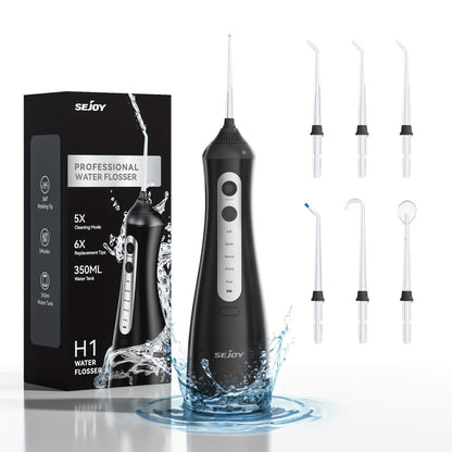 Cordless Water Flosser Portable Oral Irrigator 350ml Tank 5 Cleaning Modes One-Touch Operation IPX Waterproof Rechargeable Dental Flosser for Braces Gum Care Travel Home Use