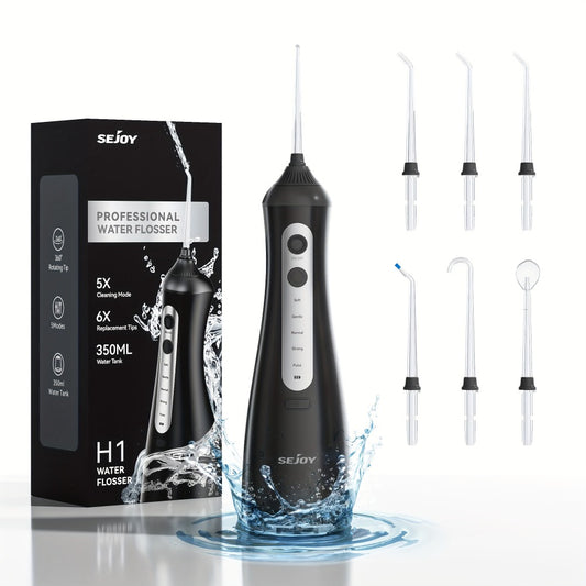 Cordless Water Flosser Portable Oral Irrigator 350ml Tank 5 Cleaning Modes One-Touch Operation IPX Waterproof Rechargeable Dental Flosser for Braces Gum Care Travel Home Use