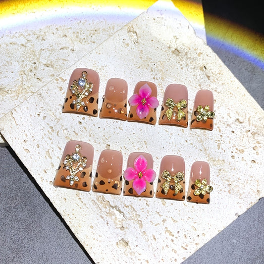 10pcs Autumn Winter 5D Handmade Carved Nails | Duckbill Shape, Glossy End, Brown & Pink Gradient with Flower & Milk Patterns, Middle Length Fake Nails for Parties, Banquets, Birthdays & Gifts