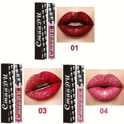 Shimmer Lip Gloss Set 3pcs Skull Design Long Lasting Liquid Lipstick Easy to Remove - Shiny Glitter Lip Color for Music Festival Rave Party Gift for Women