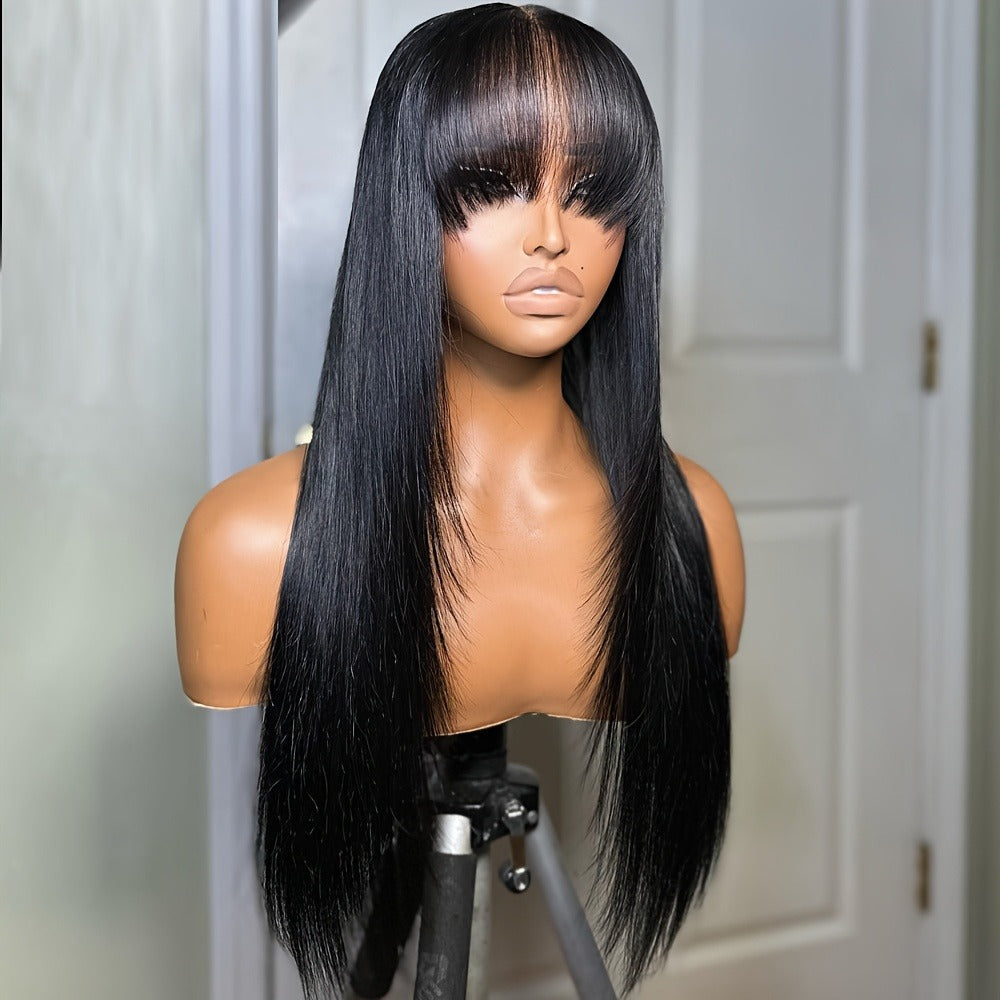 Lace Front Wig with Curtain Bangs Glueless Long Straight Synthetic Wig 26 Inch Pre-Bleached Lace Realistic Scalp Natural Hairline Multi-Color Women Daily Wear