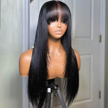 Lace Front Wig with Curtain Bangs Glueless Long Straight Synthetic Wig 26 Inch Pre-Bleached Lace Realistic Scalp Natural Hairline Multi-Color Women Daily Wear