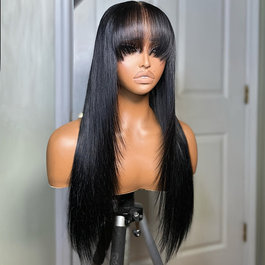 CIVRIE 26" Glueless Black Wig with Curtain Bangs - Long Straight Synthetic Hair, Pre-Bleached Lace Bangs & Realistic Scalp, Upgraded Premium Fibers for Natural Look & Fullness, Easy No-Glue Application, Everyday & Special Events - Women's Hair Wig, Wig Ac