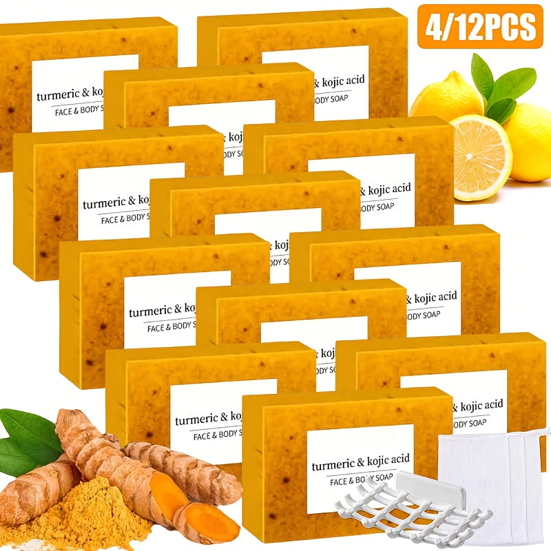 Turmeric Soap Bar Kojic Acid Lemon Honey Natural Handmade 100g - 12 Bars with Bubble Net Brightening Facial Body Soap for Dark Spots Glowing Skin All Skin Types