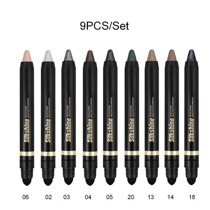 Metallic Eyeshadow Stick Set 9pcs — Waterproof Long-Lasting Eye Makeup Kit with Brush, Shimmer Crayon, Eye Brightener, Highlighter & Eyeliner Pen