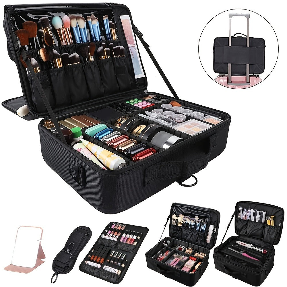 Makeup Case, Professional Train Case Large Makeup Bag, Travel Cosmetic Organizer Brush Holder Makeup Artist Storage Box, for Cosmetics Makeup Brushes Toiletry Jewelry Digital Accessories, 15.8 Inches, with Adjustable Dividers and Shoulder Strap