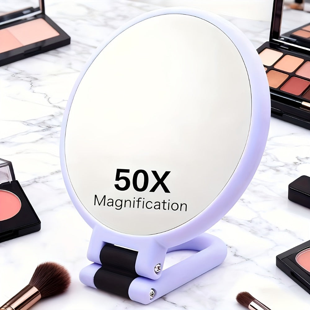 1pc Of 50x Handheld Magnifying Double-sided Makeup Mirror, 1X/50X Zoom, 360° Adjustable Handle, Supports Handheld, Desktop Placement And Hanging Use, Double-sided Mirror Design