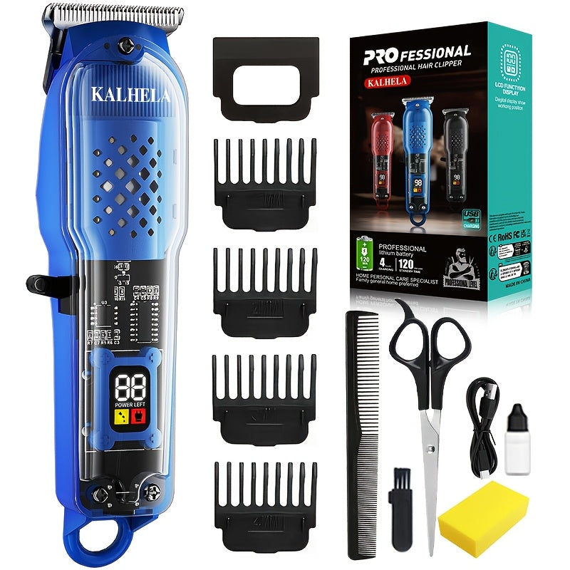 Hair Clippers for Men - Electric Hair Trimmer with LCD Display, Retro Transparent Body, USB Rechargeable Beard Trimmer for Pompadour Styles, Red Black Blue
