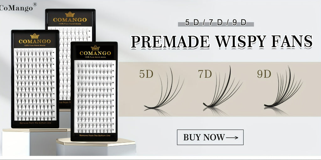 CoMango 120Fans Premade Wispy Fan Lashes - 5D/7D/9D Volume, Individual Sandwich Faux Mink Spike Stem, Fluffy Pointy Base, Natural Look, Options for Beginners, Beginner Eyelash Extensions, Fluffy Lash Extensions, Curlable Lashes Durable Adhesive