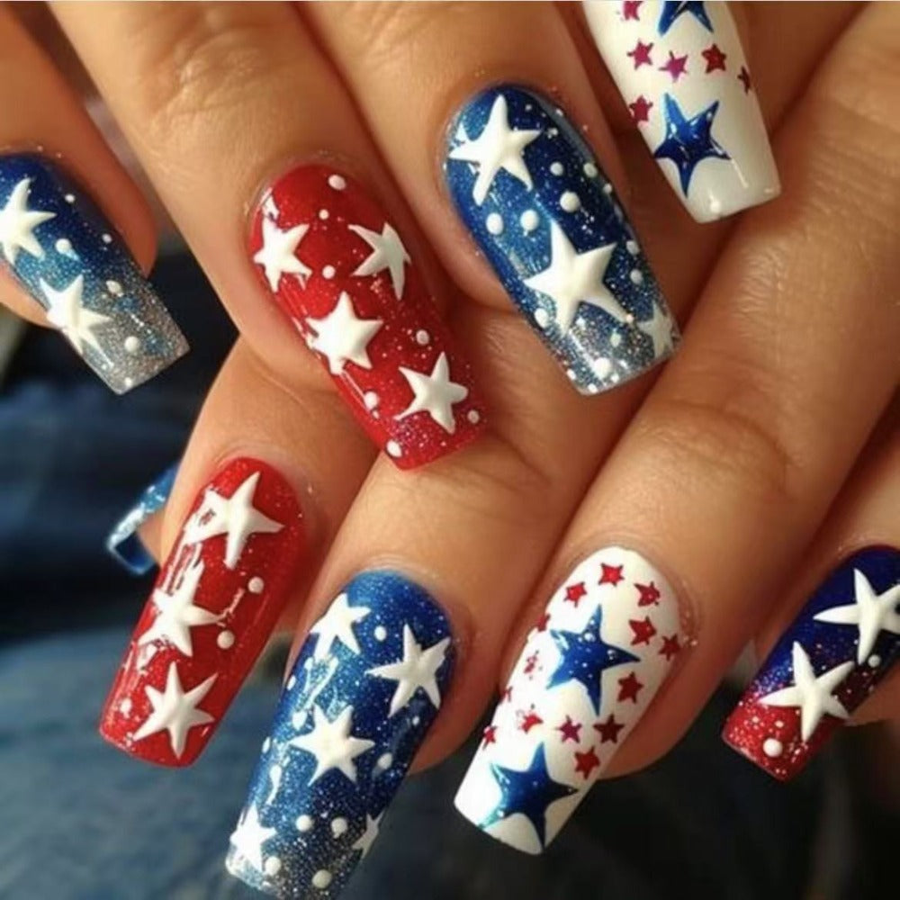 216pcs 4th of July Press On Nails - Red White Blue Stars Stripes Medium Coffin Acrylic Fake Nails, Full Cover Glossy Finish for Women, Patriotic Manicure Nail Art (9pcs), Festive Nail Designs, Festive Patterns, Striking Design Variety