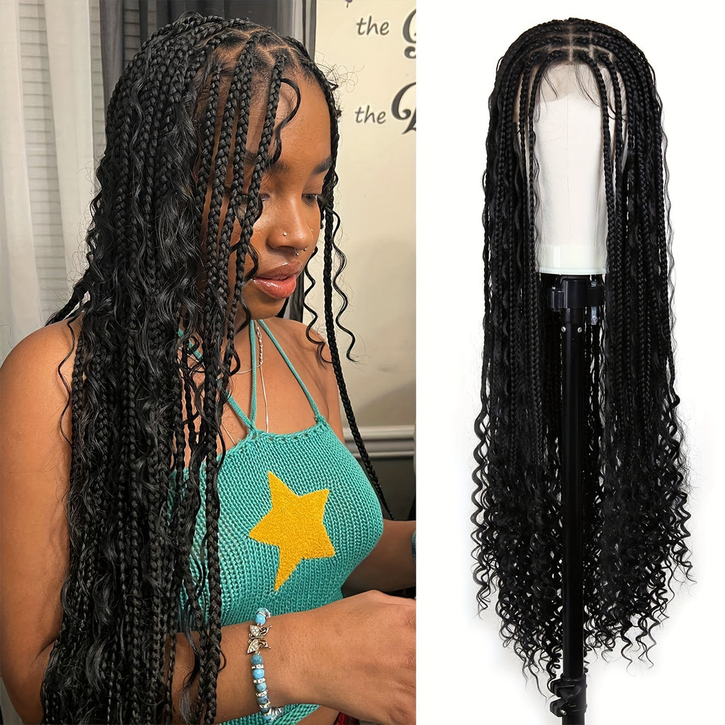 Braided Wigs For Women Box Braids With Boho Curls Wig Bohemian Braided Lace Front Wigs Halloween Wig Cosplay Wig For Halloween Party Full Double Lace Braid Wigs 48" Black Full Lace Hair Wigs