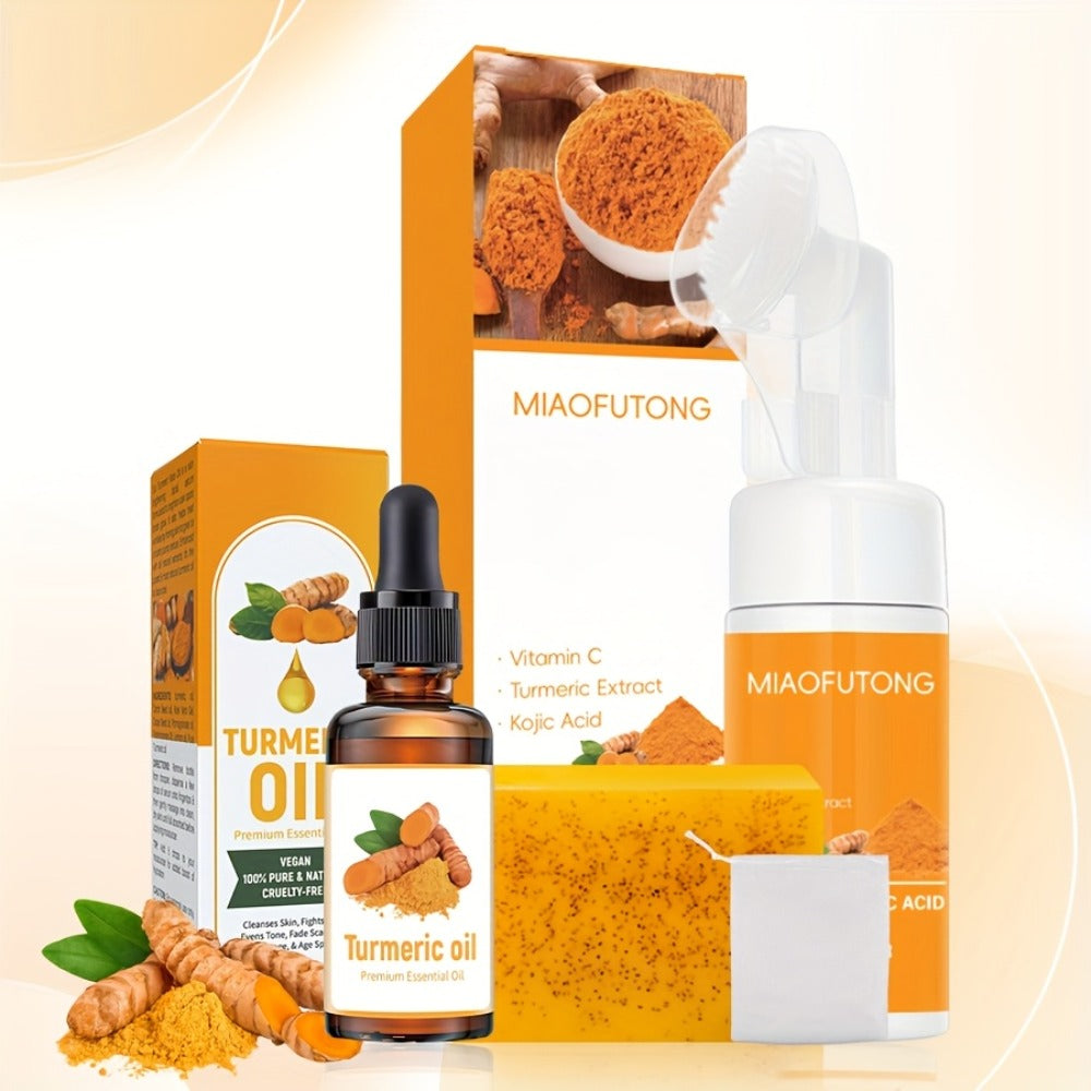 Turmeric Bath & Skin Care Set 3-Piece — Mousse, Soap & Oil for Hair, Face & Body — Gentle Moisturizing Travel-Friendly Cleanser Gift for All Skin Types