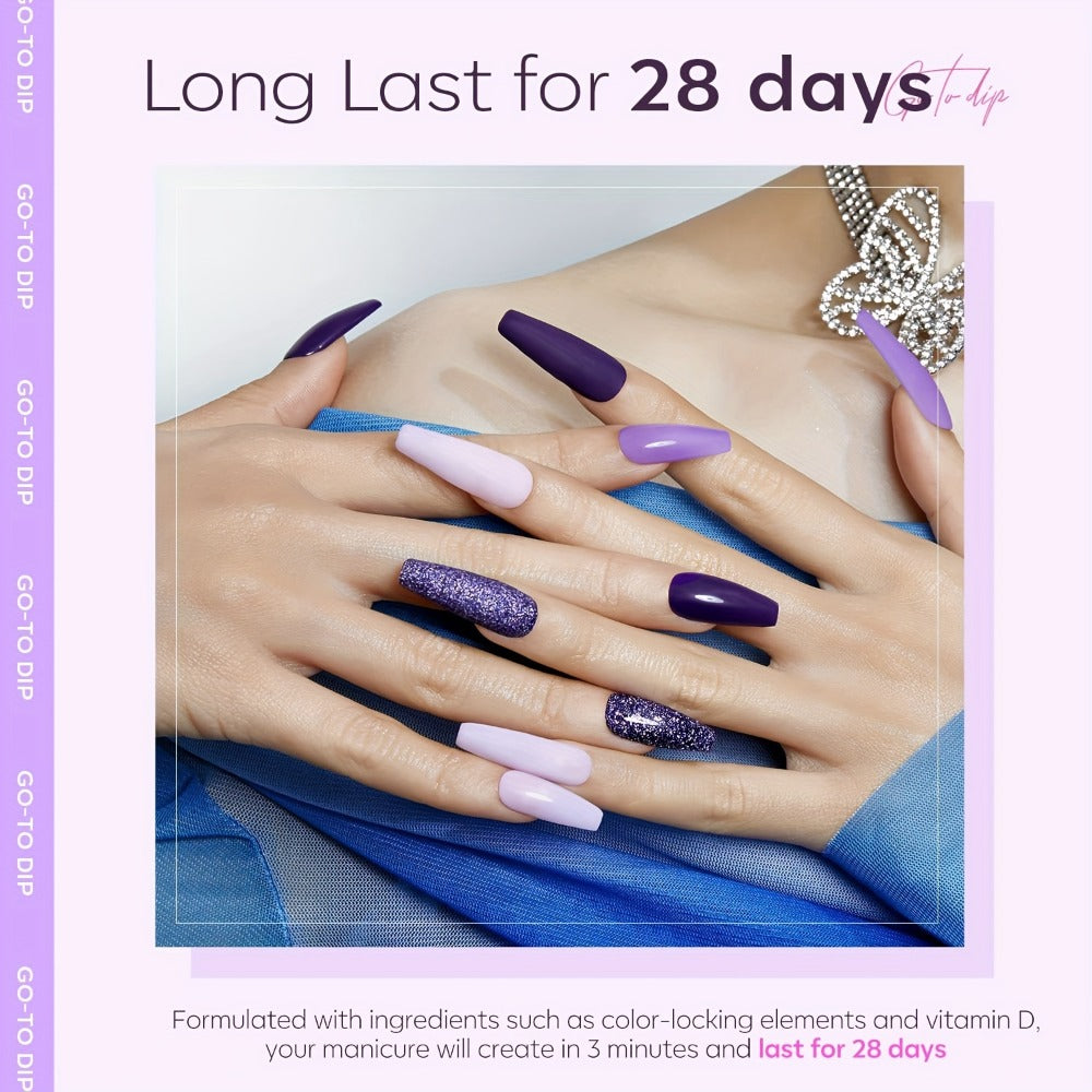 NOCIS Dip Powder Nail Kit Starter, 4 Colors Lilac Lavender Purple Glitter Nail Dipping Powder Essential Liquid Set with Base Top Coat Activator French Nail Art DIY At Home Manicure Salon All-in-One Beginner Kit