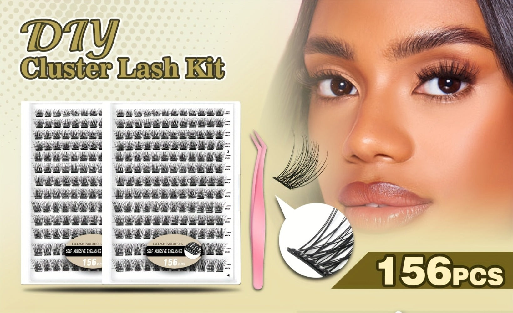 156pcs Self Adhesive Eyelashes Clusters Kit with 2 Tweezers Lash Clusters DIY Eyelashes Pre Glued Reusable No Glue Needed No Remover No Residue