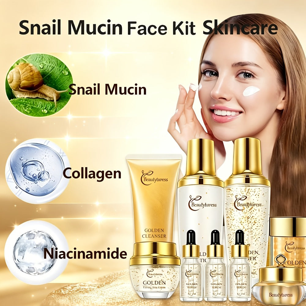 Collagen Skincare Set 9pcs Korean Facial Serum Moisturizer Cream Hyaluronic Acid Firming Hydrating Luxury Gift Box for All Skin Types