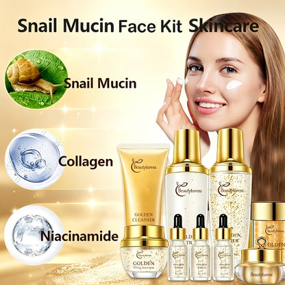 Collagen Skincare Set 9pcs Korean Facial Serum Moisturizer Cream Hyaluronic Acid Firming Hydrating Luxury Gift Box for All Skin Types