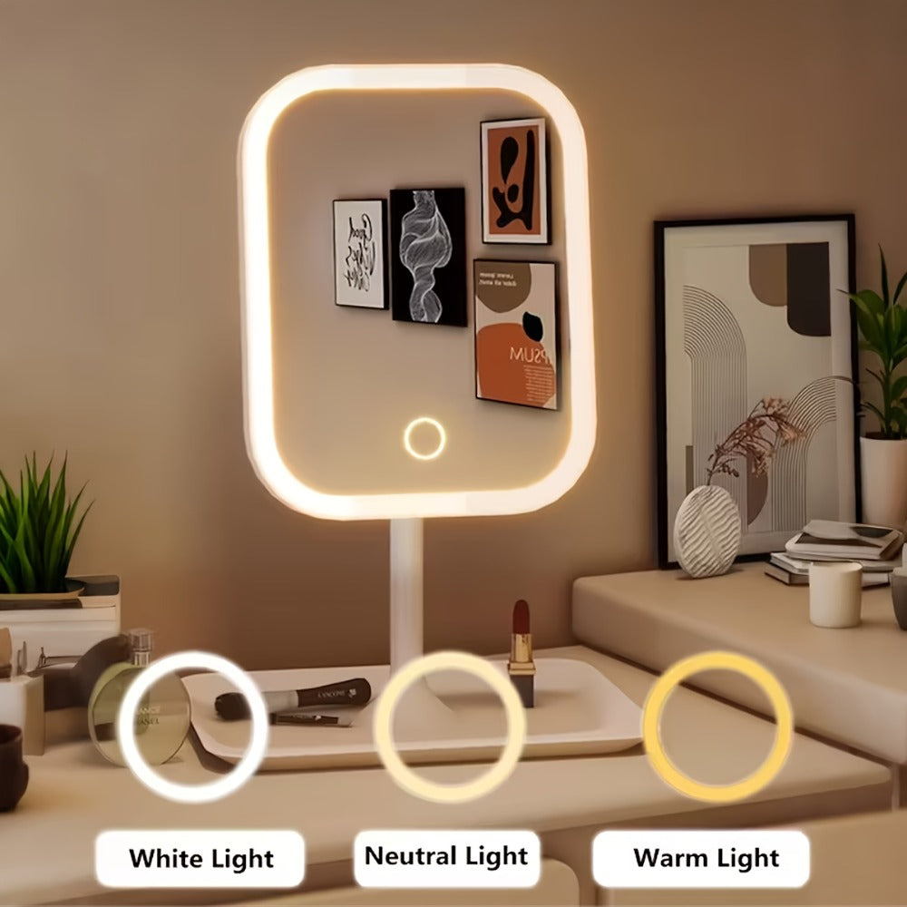 Illuminated Makeup Mirror Features Three Lighting Modes, Touch Control Operation, A Portable Stand, And A Foldable Design, Making It Ideal for Travel. It Comes with A Rechargeable Battery And Is A Compact LED Makeup Mirror.Free 10x Magnifying Glass