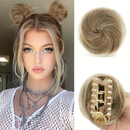 Clip In Hair Bun Extensions Mini Donut Bun with Cat Ears Messy Bun Claw Clip Hairpiece Synthetic Fiber Instant Updo Women Girls Multiple Colors 2 Pcs Set