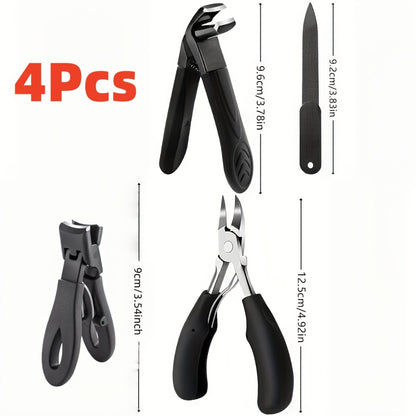 Nail Scissors Set 4pcs for Elderly - Heavy Duty Curved Blade Manicure Kit with Extended Handle, Anti-Splash Design & Nail File, Professional Pedicure Tool Set