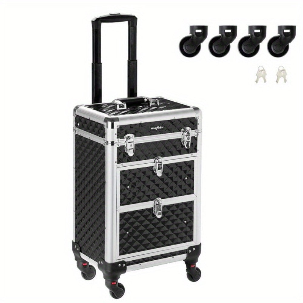 OmySalon Aluminum Rolling Makeup Train Case, Portable Makeup Organizer Suitcase, Cosmetic Storage Box, Travel Beauty Luggage Trolley Lockable W/4 Removable Wheels & 2 Sliding Drawers, Valentines Day Gift for Her (Black), Valentine's Day And Other Festival