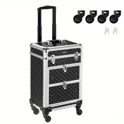 Rolling Makeup Train Case Aluminum Lockable Trolley with 4 Wheels 2 Sliding Drawers Telescopic Rod Portable Cosmetic Organizer Suitcase for Makeup Artists Salon Travel Beauty Storage Black