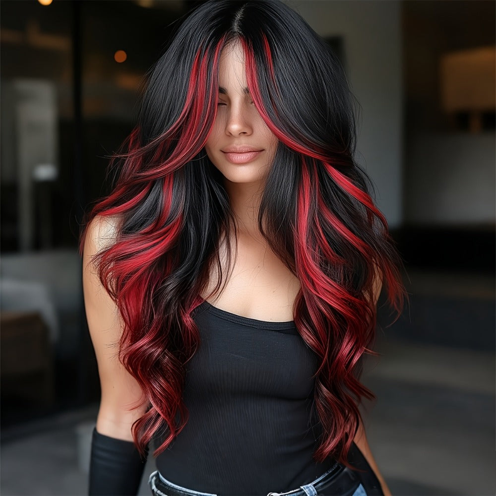 A 24-Inch Wig Featuring a Wine Red Gradient, Designed with a Rose Inner Mesh And Durable Color Retention Technology