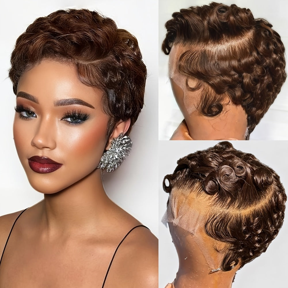 Pixie Cut Wig Human Hair 13x4 HD Lace Front Short Curly Wavy Wig Pre Plucked Natural Hairline Body Wave Loose Deep Wave Finger Wave Glueless Wig Natural Black Burgundy Chocolate Brown 6 Inch