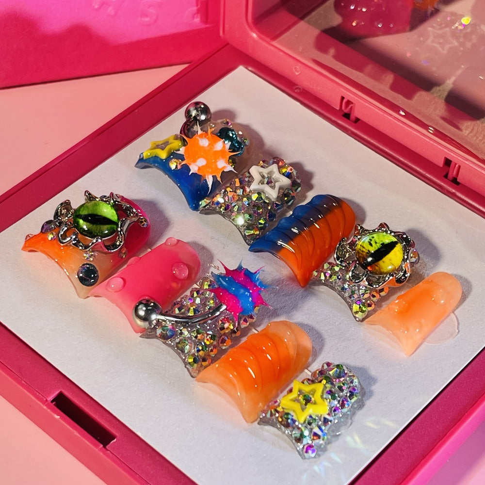 Y2K Piercing Charm Press on Nails Handmade Duck Nail with Nightmare Eye And Barbell 3D Nail Charms, Rhinestone Nails For, Trendy Party Nail Art