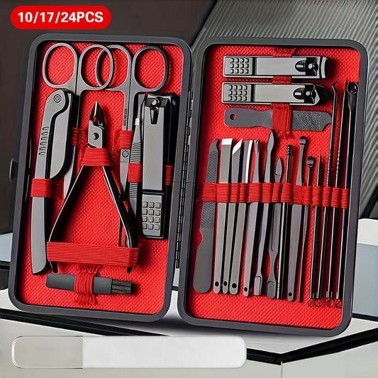 [Travel Portable Kit] 10/17/24pcs Nail And Pedicure Kit, Travel Portable Stainless Steel Nail Clippers And Knives Set, Including Ear Scoop, Foot Sharpening, Nail Clippers, Eyebrow Trimmer, With 1pc Nail File
